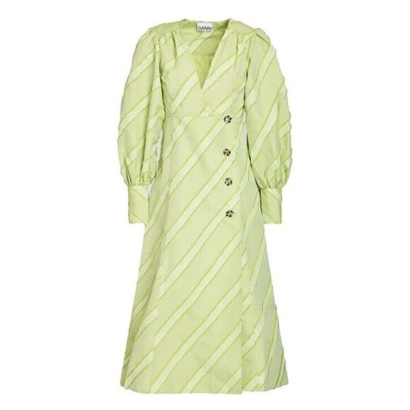Ganni Green Dress with puff sleeves Midi suze 34 US 2 - Picture 2 of 16